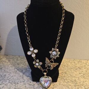 Gold Butterfly, Flowers And Heart Pendant Necklace